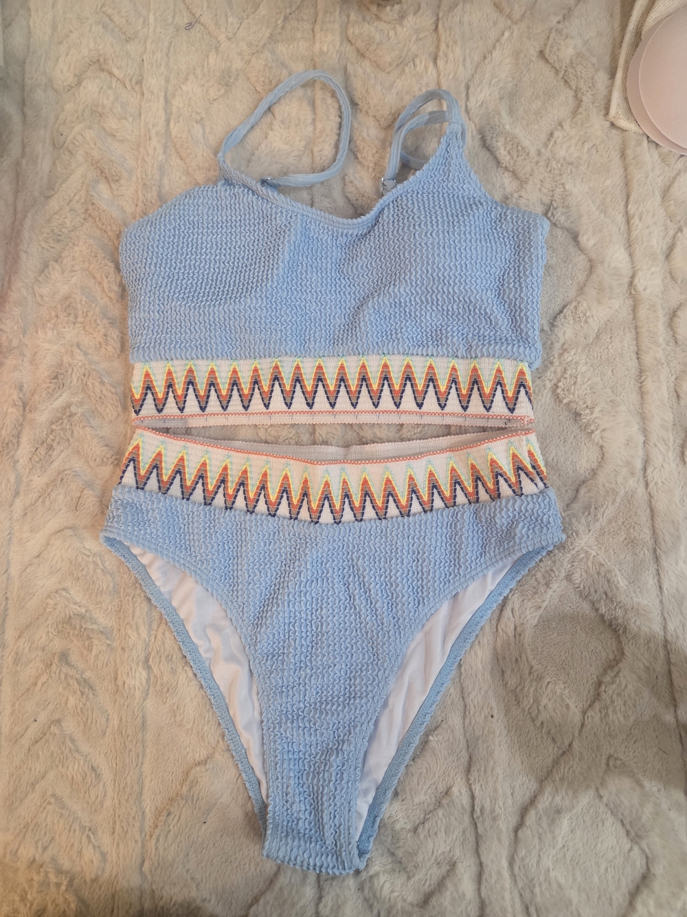Light Blue Textured Womana Two- Piece Swimsuit with Rainbow Waistband Size Small